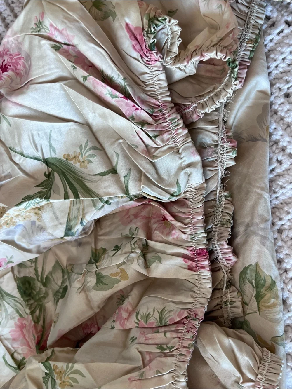 Ralph Lauren Cream Fitted Sheet with Pink Floral and Green Leaves